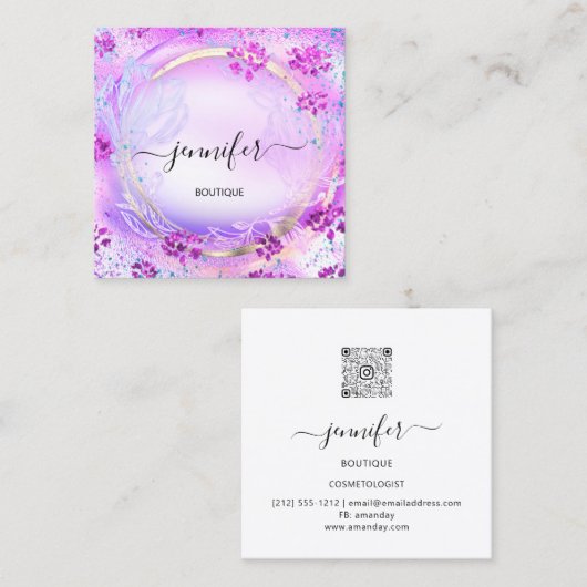 美しいスパショップフレームピンクフローラQRコードロゴ スクエア名刺 (正面/裏面)