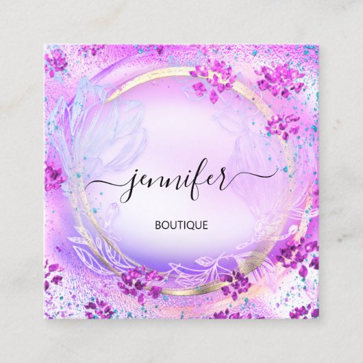 美しいスパショップフレームピンクフローラQRコードロゴ スクエア名刺 (正面)