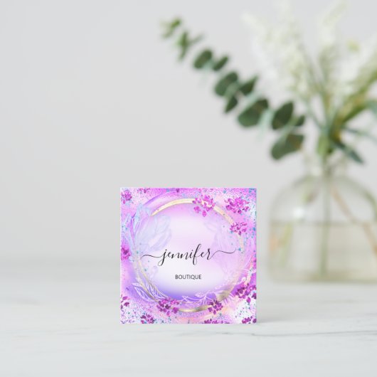 美しいスパショップフレームピンクフローラQRコードロゴ スクエア名刺 (スタンド正面)