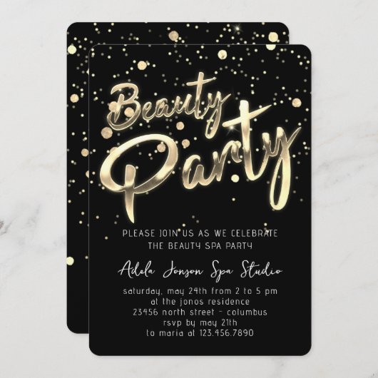 美しいスパパーティーインスタントダウンロードブラック金ゴールド 招待状 (正面/裏面)