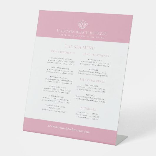 美しいスパ価格表ピンクホワイトロータスロゴ 台座サイン (正面)