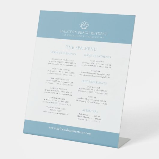 美しいスパ価格表青い白いロータスロゴ 台座サイン (正面)