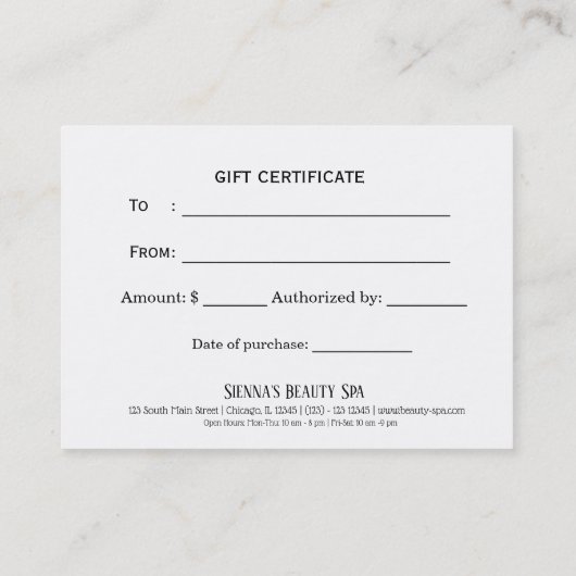 美しいスパ – あなたのためのギフト 割引カード (裏面)