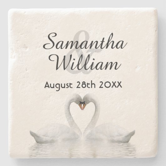 美しいスワンのカップルが白い結婚式に恋をする ストーンコースター (正面)