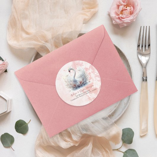 美しいスワンの花柄ダマスクの返信住所 ラウンドシール