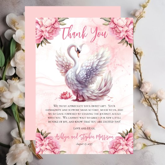 美しいスワンピンクフローラガールベビーシャワー サンキューカード