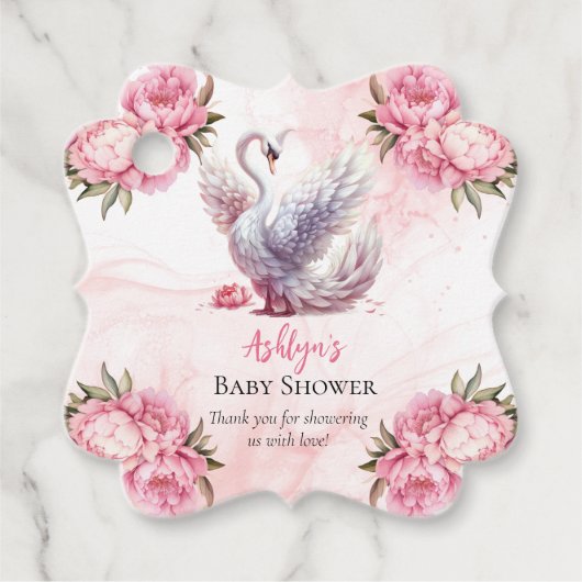 美しいスワンピンクフローラガールベビーシャワー フェイバータグ (正面)