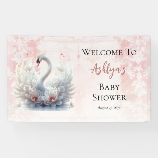 美しいスワンピンクフローラダマスクガールベビーシャワー 横断幕 (横)