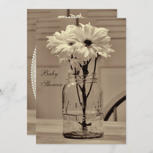 美しいセピア色のメーソンジャー及びデイジーのベビーシャワー 招待状 (正面/裏面)