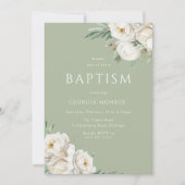 美しいセージ緑と白フローラバプテスマ 招待状 (正面)