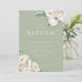 美しいセージ緑と白フローラバプテスマ 招待状 (スタンド正面)