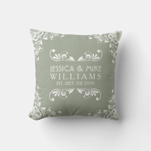 美しいセージ緑と白結婚のデザイン クッション (正面)