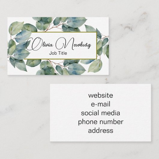 美しいソフトグリーンティール(緑がかった色)植物書 名刺 (正面/裏面)