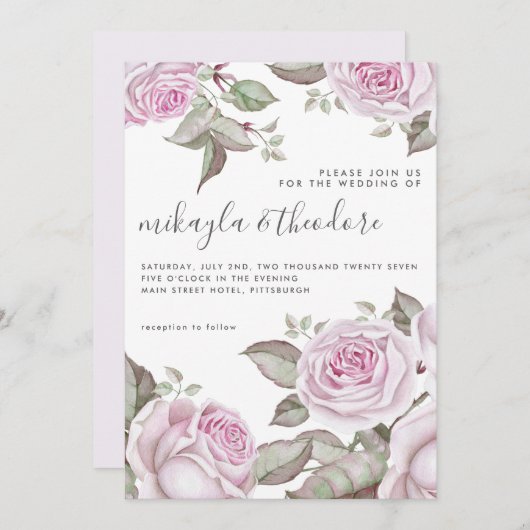 美しいソフトパープルウォーターカラーローズ 招待状 (正面/裏面)