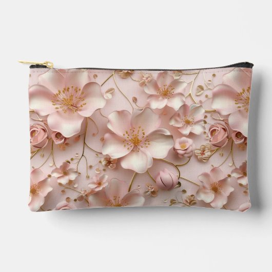 美しいソフトピンクパステルフローラプリント アクセサリーポーチ (正面)
