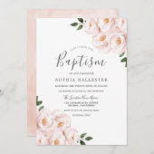 美しいソフト赤面ピンクフローラベビーガールバプテスマ 招待状 (正面/裏面)