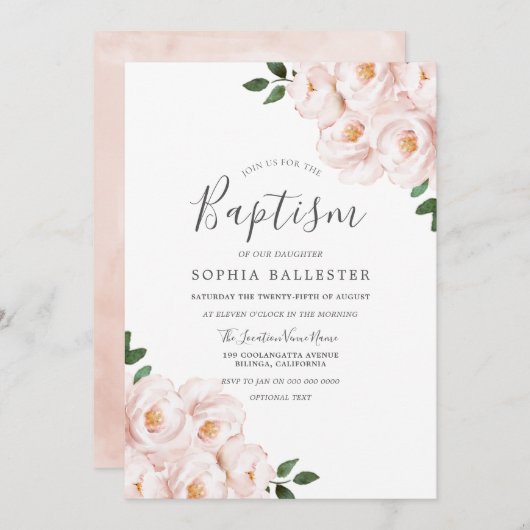 美しいソフト赤面ピンクフローラベビーガールバプテスマ 招待状 (正面/裏面)