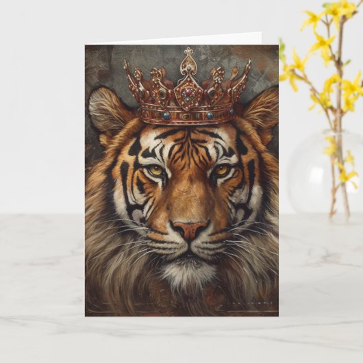 美しいタイガー大きな猫インアクラウンすべての行事 カード (黄色い花)