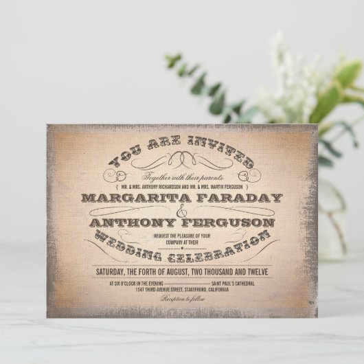 美しいタイポグラフィックのヴィンテージの結婚式招待状 招待状 (スタンド正面)