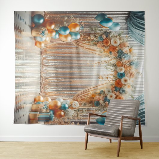 美しいターコイズとオレンジの花柄バルーンアーチ吊り下げ タペストリー (インサイチュ(横))