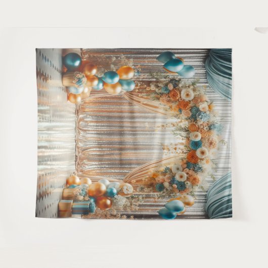 美しいターコイズとオレンジの花柄バルーンアーチ吊り下げ タペストリー (正面(横))