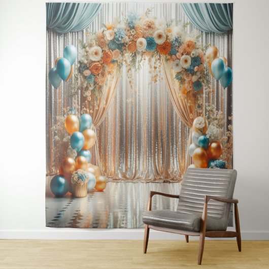 美しいターコイズとオレンジの花柄バルーンアーチ吊り下げ タペストリー (インサイチュ)