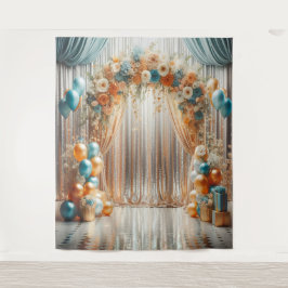 美しいターコイズとオレンジの花柄バルーンアーチ吊り下げ タペストリー