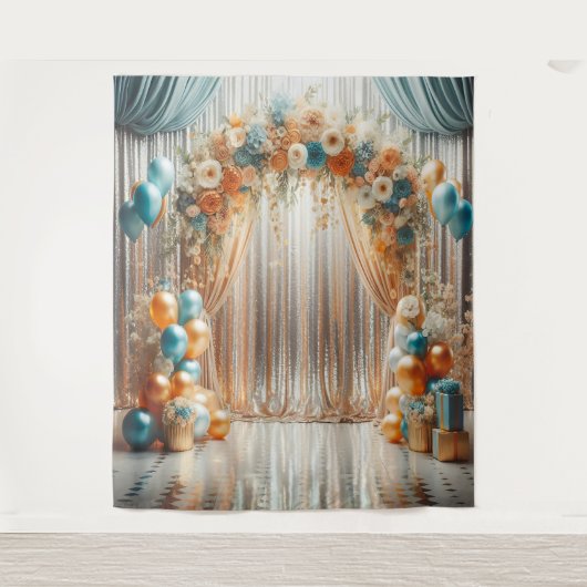 美しいターコイズとオレンジの花柄バルーンアーチ吊り下げ タペストリー (正面)