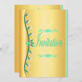 美しいターコイズと青の金ゴールド招待状 招待状 (正面/裏面)