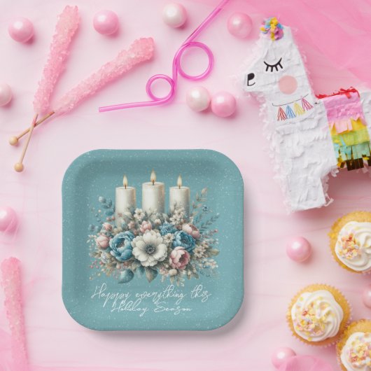 美しいターコイズクリスマスフラワーキャンドル ペーパープレート (パーティー)