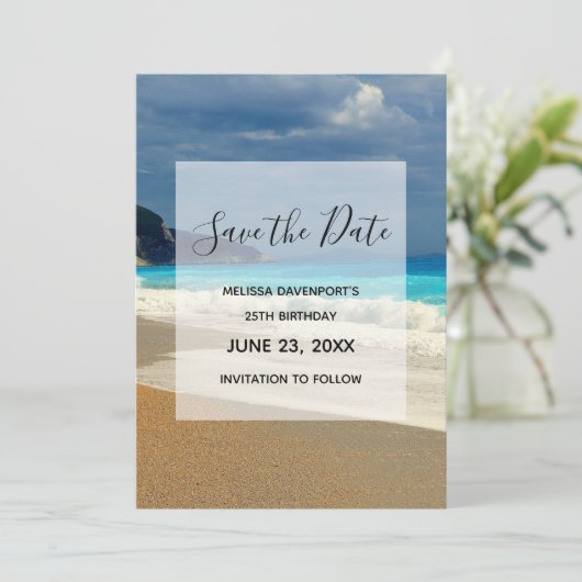 美しいターコイズシートロピカルフォト誕生日 セーブザデート (スタンド正面)