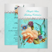 美しいターコイズピンクのバラと蝶の誕生日パーティー 招待状 (正面/裏面)