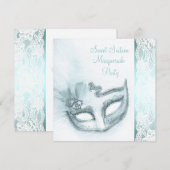 美しいターコイズブルーのマスカレードパーティー 招待状 (正面/裏面)