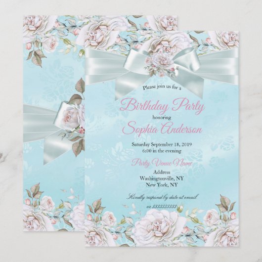 美しいターコイズブルーの花束 ローズ ピンクの誕生日パーティー 招待状 (正面/裏面)