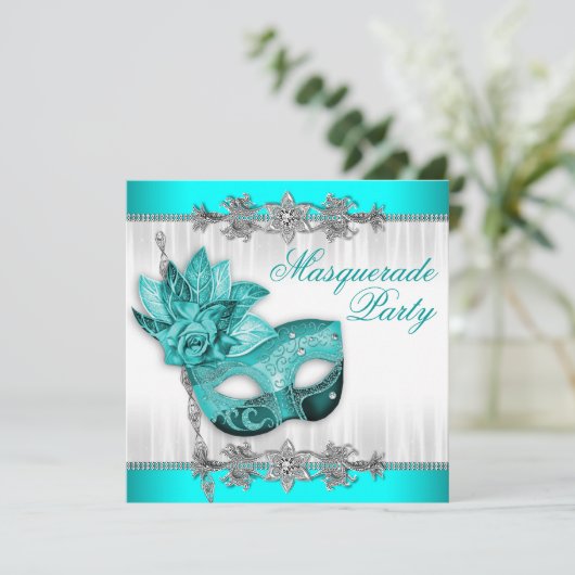 美しいターコイズブルーマスカレードパーティー 招待状 (スタンド正面)