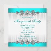 美しいターコイズブルーマスカレードパーティー 招待状 (裏面)