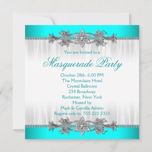 美しいターコイズブルーマスカレードパーティー 招待状 (裏面)