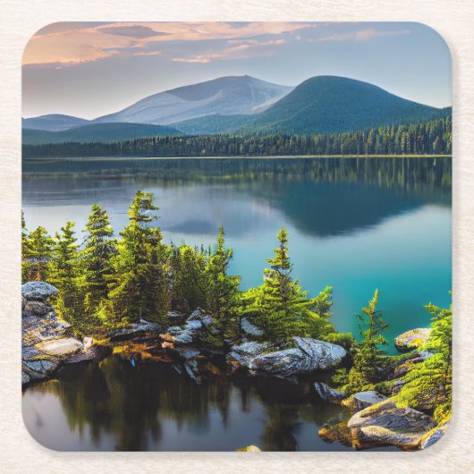 美しいターコイズ湖 山々 松林 スクエアペーパーコースター (正面)