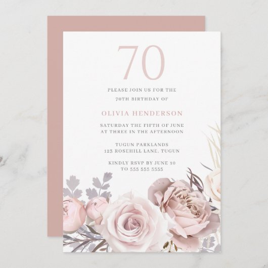 美しいダスティバラ&赤面70th誕生日パーティー 招待状 (正面/裏面)