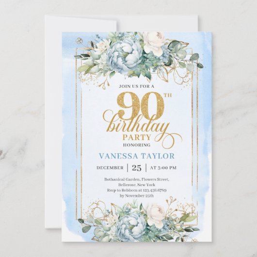 美しいダスティーブルーとゴールドの90歳の誕生日招待状 招待状 (正面)