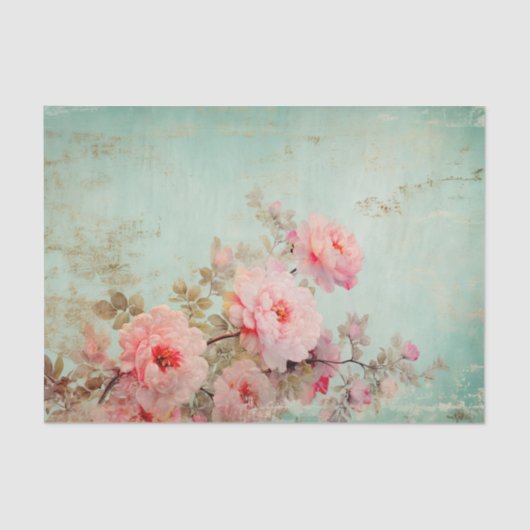 美しいダメージ加工のピンクの花が端に咲く 薄葉紙 (正面)
