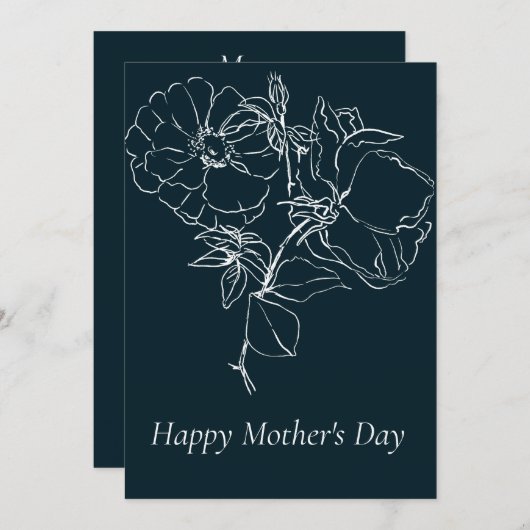 美しいダークブルーのスケッチフラワーズ 母の日カード シーズンカード (正面/裏面)