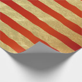 美しいダークレッドとゴールドフォイルのストライプ ラッピングペーパー (角)