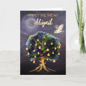 美しいツリーランタン、月、フクロウハッピーバースデー カード (正面)