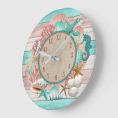 美しいティール(緑がかった色)とコーラルシーシェルとビーチデザイン ラージ壁時計 (傾斜)