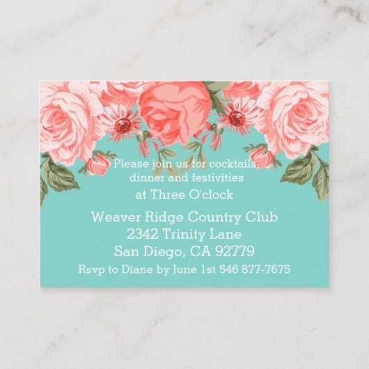 美しいティール(緑がかった色)とサンゴフローラデザイン-披露宴 エンクロージャーカード (裏面)