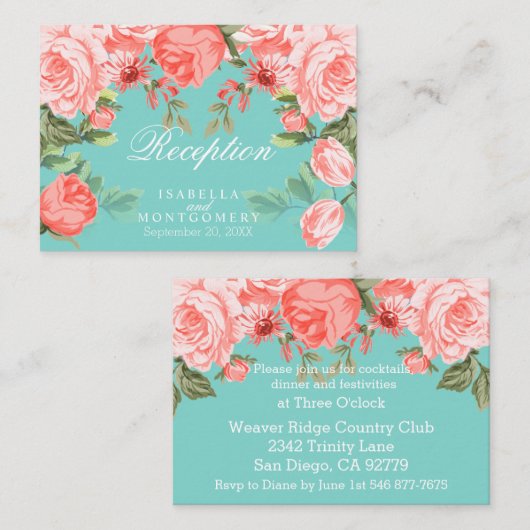 美しいティール(緑がかった色)とサンゴフローラデザイン-披露宴 エンクロージャーカード (正面/裏面)