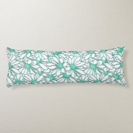 美しいティール（緑がかった色）とホワイトフローラデザイン ボディピロー