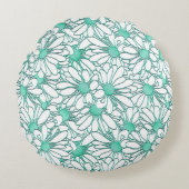 美しいティール（緑がかった色）とホワイトフローラデザイン ラウンドクッション (正面)