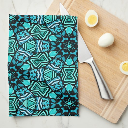 美しいティール（緑がかった色）アクアターコイズエスニックモザイクアート キッチンタオル (四つ折り)